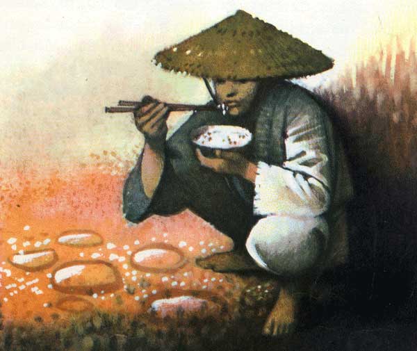 Китайский юноша ест рис, картинка